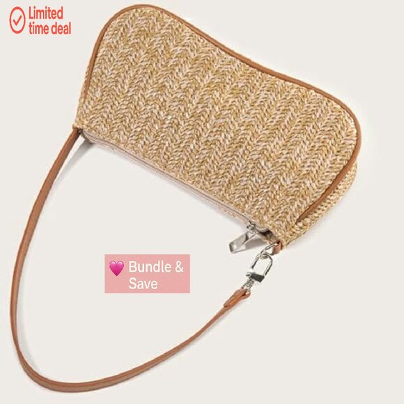 Straw Woven Shoulder Bag Tote Purse Compact Daily Essentials Handbag - Picture 8 of 8